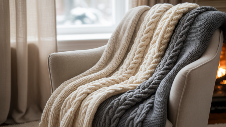 A photograph showcasing a plush armchair draped with several luxurious, hand-knitted throws in various shades of cream, ivory, and charcoal gray. The thick, cable-knit throws are artfully arranged, creating a sense of inviting warmth and texture. A soft, diffused light filters through sheer linen curtains, gently illuminating the cozy scene and highlighting the subtle variations in the yarn's texture. The background features a blurred view of a snow-covered window pane and a hint of a warm, glowing fireplace.