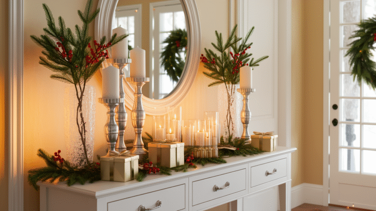 Elegant Christmas entryway table display in a bright, welcoming foyer. A white console table against a cream wall features layered holiday decor: tall silver candlesticks with white pillar candles, medium-height frosted glass vases with pine branches and red berries, small wrapped gift boxes in gold paper, and scattered evergreen sprigs.