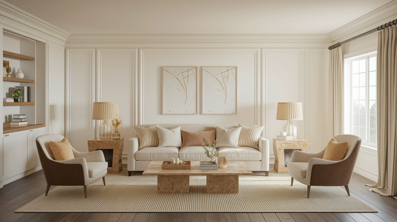 Japandi Transitional Mash-Up Living Room Interior, soft diffused window light, warm ambient glow, cozy, sophisticated, inviting atmosphere, neutral tones, soft whites, warm beiges, accent colors, wide cinemati