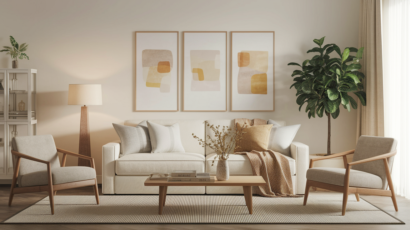 a Peaceful and Minimal Home, soft diffused window light, warm ambient glow, cozy, sophisticated, inviting atmosphere, neutral tones, soft whites, warm beiges, accent colors, wide cinematic