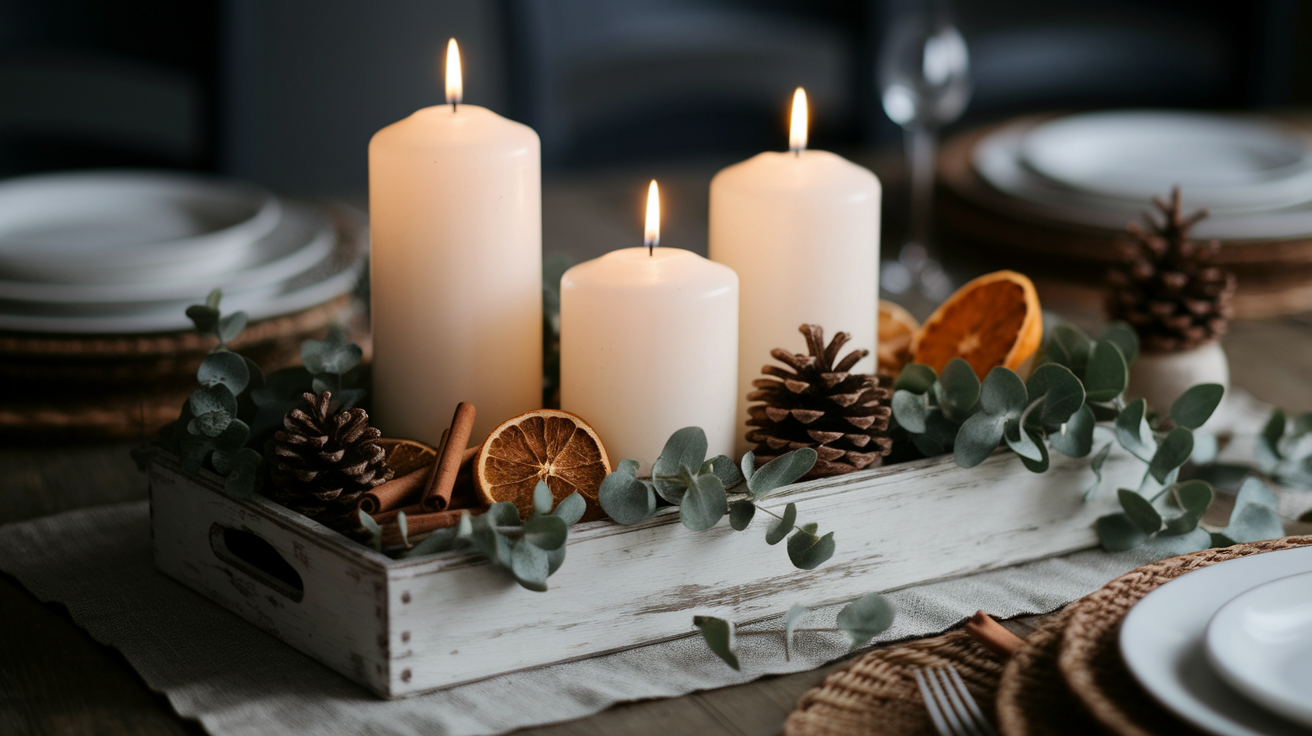 White pillar candles arranged in rustic wooden tray with pinecones, dried oranges, and fresh evergreen branches as winter dining table centerpiece.